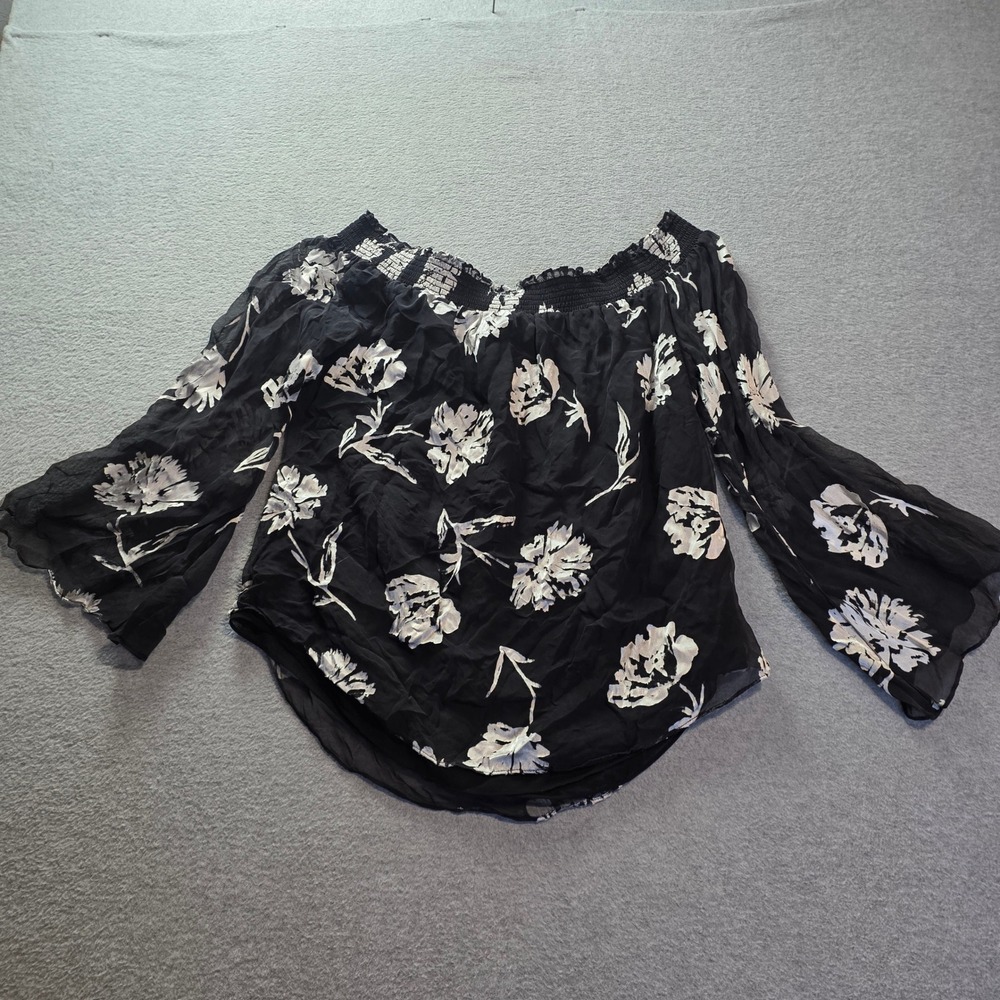 White House Black Market Off Shoulder Blouse Womens M Black Floral Bell Sleeve